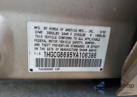 2000 Honda Accord Se z USA, uszkodzony, nr VIN 1HGCG6695YA106386